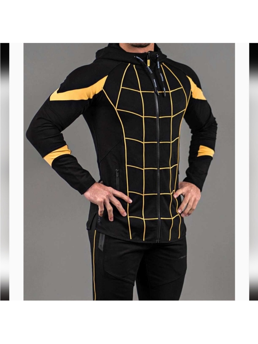 Men's Black Windbreaker Hoodie with Yellow Grid Detail